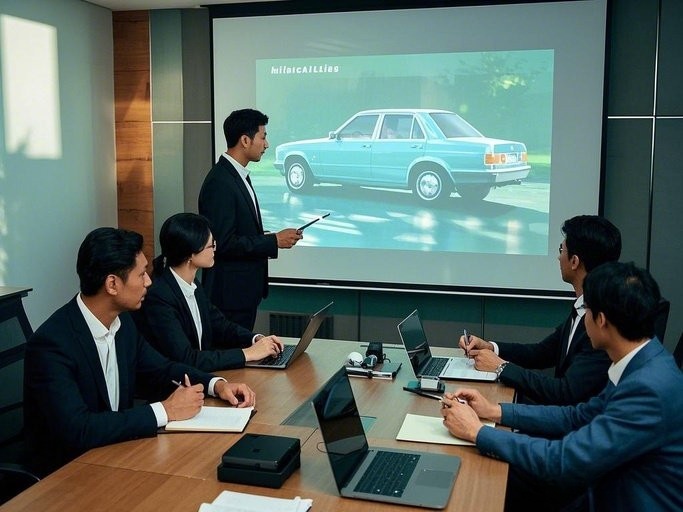 图片展示了一名咨询师正在进行团队培训或分享会。，团队成员手持笔记本，认真聆听并记录。背景是投影仪投射出的汽车模型画面，以及摆放整齐的桌椅和绿植。 (2)_副本.jpg