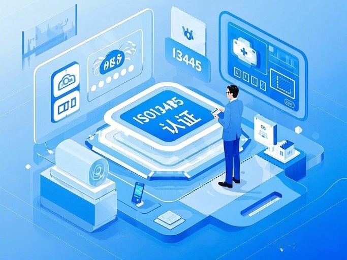 图片中央是一个医疗标识，周围围绕着多个小图标，如云计算、大数据、AI等，一位咨询师站在旁边，正在分析数据或与客户沟通，标题：ISO13485认证 (2)_副本.jpg