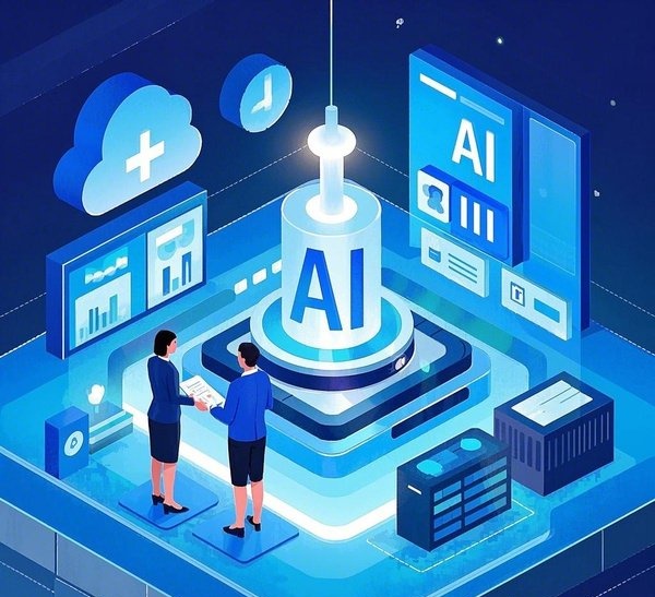图片中央是一个“AI”标识，周围围绕着多个小图标，如云计算、大数据、AI等，一位咨询师站在旁边，正在分析数据或与客户沟通 (1)_副本.jpg