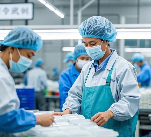 图片跟生产车间现场相关，关于生产质量的内容，生产车间内工人在忙碌着，检查产品的质量，工作穿着工作服带着口罩，车间内容很整洁，高清8K，真实人物。 (2)_副本.jpg