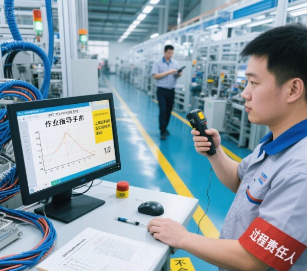 jimeng-2025-05-27-385-汽车线束生产线，工人佩戴 “过程责任人” 臂章，操作台上摆放《作业指导书》（含 IATF16949 版本号）、防错校验表（已勾选 12 项）。设备屏幕显示 ....jpg