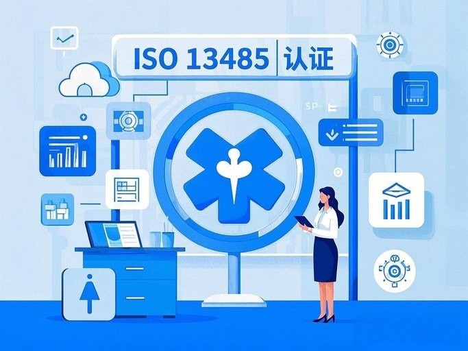 图片中央是一个医疗标识，周围围绕着多个小图标，如云计算、大数据、AI等，一位咨询师站在旁边，正在分析数据或与客户沟通，标题：ISO13485认证.jpg