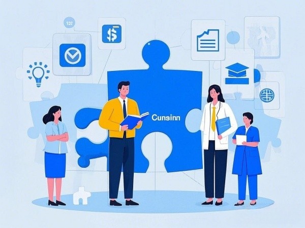 图片展示了一个由多个不同行业图标组成的拼图，每个图标代表一个特定行业（如金融、医疗、教育等）。 咨询师（或团队）站在拼图旁，手持专业书籍或报告，展示他们在特定行业中的专业知识和经验。 背景中可以加入一....jpg