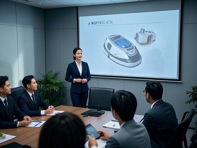 图片跟医疗器械相关，展示一位咨询师站在会议台上给团队做培训或者分享会，背景是投影仪投射出的医疗器械模型画面，以及摆放整齐的桌椅和绿植。 (1)_副本.jpg