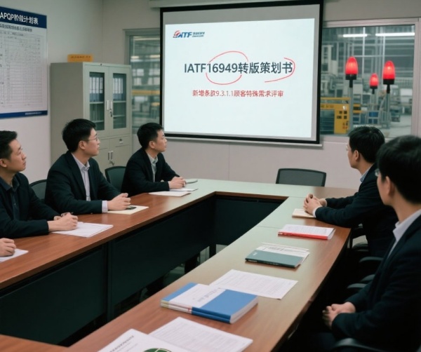 jimeng-2025-05-27-381-汽车零部件企业会议室，管理层围坐 U 型桌，中央投影显示 “IATF16949 转版策划书”，红圈标注 “新增条款 9.3.1.1 顾客特殊要求评审”。桌上....jpg