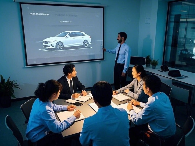 图片展示了一名咨询师正在进行团队培训或分享会。，团队成员手持笔记本，认真聆听并记录。背景是投影仪投射出的汽车模型画面，以及摆放整齐的桌椅和绿植。_副本.jpg